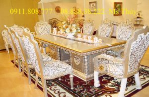 Detailed Opulent Diningroom Furnture with Silver and Gold Leaf Accents at Venus Furniture in Richmond.